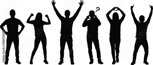 Expressive people silhouettes showing emotions, success celebration gestures, human body language poses, black white vector illustration isolated collection