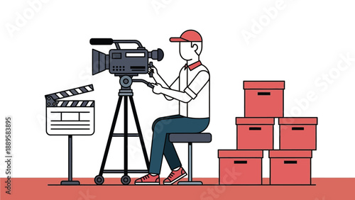 A cartoon man operating a video camera in a film production setting