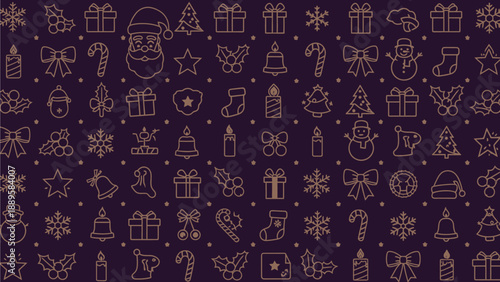 A festive holiday background with Christmas icons and ornaments on a purple backdrop