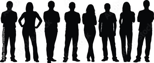 Standing people silhouettes collection, male female human figures, anonymous crowd poses, full body characters, black white vector illustration set