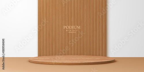 3d realistic wooden podium stage stand with vertical wood panel wall backdrop for product presentation, exhibition stand or cosmetic branding mockup interior. Vector wooden podium with rustic texture
