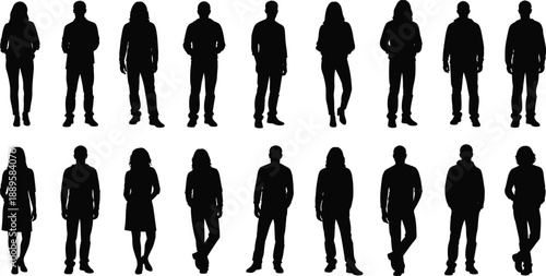 Standing people silhouettes set, male female figures collection, anonymous human poses, full body crowd, black white vector illustration