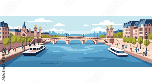 An Artistic Illustration of a Parisian Riverfront Scene with a Grand Bridge, Boats, and Buildings, Evoking a Sense of Urban Beauty and Tranquility