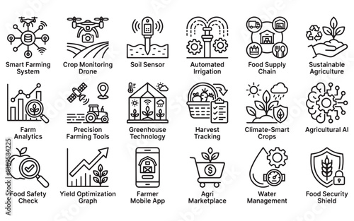 Innovative agricultural technology icons for smart farming and sustainable practices