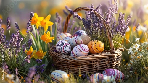 Easter Basket with Decorated Eggs in Spring Flower Field