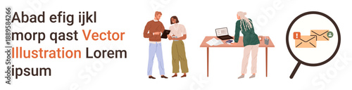 Business communication, teamwork, collaboration, email analysis, workflow efficiency, office productivity. Two people discussing work, a woman at a desk and email under magnifier. Business