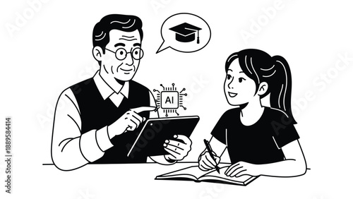 A man and a girl using a tablet with an AI education concept