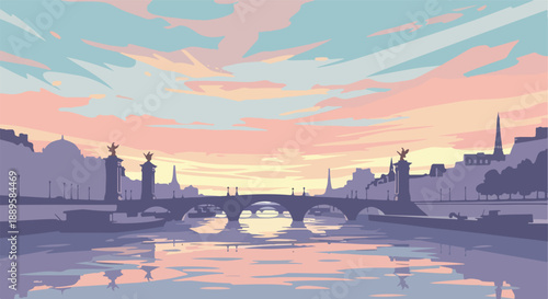 Serene Parisian sunset reflected on the Seine River, with iconic bridges and cityscape bathed in soft pastel hues of a new dawn or fading twilight