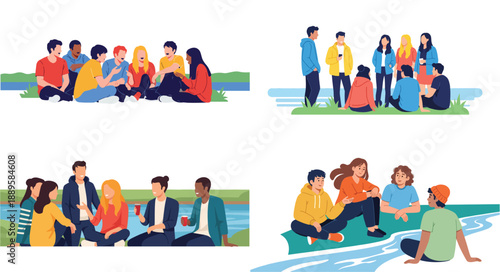 Group of friends relaxing by water, casual gathering
