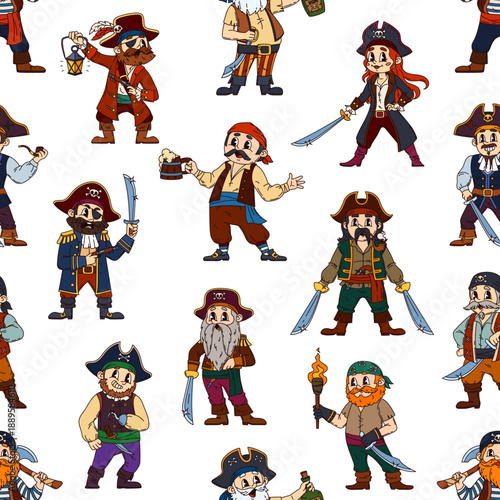 Groovy pirate and corsair characters seamless pattern. Cartoon vector tile background with funny pirate personages as sea captains and sailors holding swords, mugs, lanterns, rum bottles and torches