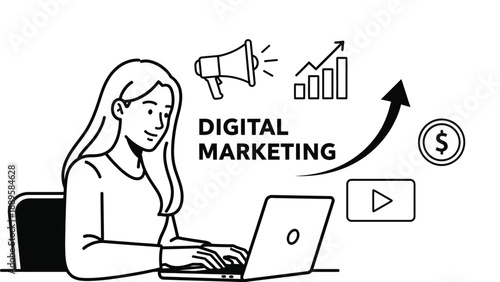 A woman working on digital marketing strategies at her laptop with success icons around her.