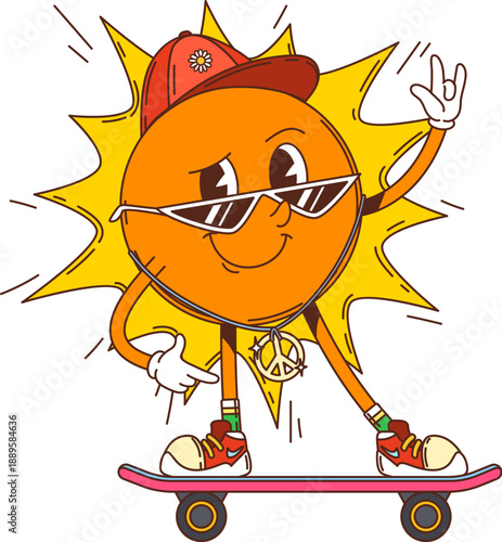 Cartoon groovy hippie sun character on skateboard with sunglasses and cap, showing playful gesture. Vector retro y2k personage with summer energy, cheerful warm expression and funky cool street vibe