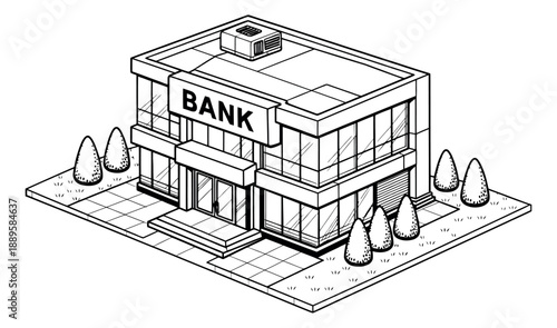 Isometric hand drawn line art illustration of a bank building depicting a modern financial institution for business and finance