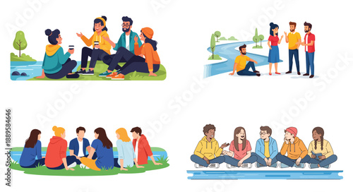 Friends gathering outdoors by the water, relaxed conversation