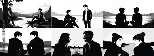 Two men and a woman by the lake, contemplative moments