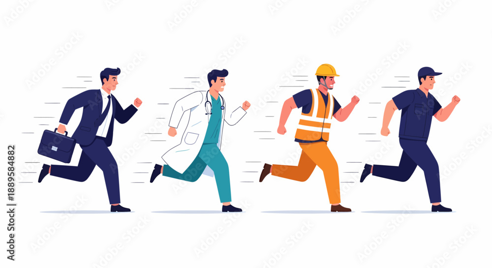 Fototapeta premium Four diverse professionals, including a businessman, doctor, construction worker, and service worker, running together.