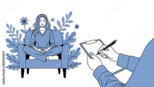 A woman sits in a chair during a therapy session with a counselor