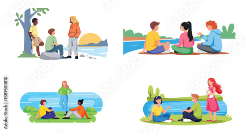 Friends relaxing by water, enjoying nature and conversation
