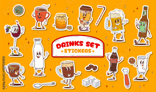 Groovy drink characters stickers of wine, beer mug, milk bottle and glass, soda, sugar cubes, coffee cup and honey jar. Cartoon soda, straw and bottle opener, Vector beverage themed retro personages