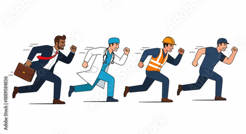 Four diverse professional men, including a businessman, doctor, construction worker, and blue-collar worker, running together in a race.