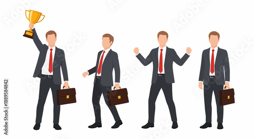 Four businessmen in various poses, celebrating success, walking, and standing with briefcases.