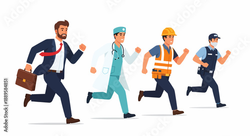 Four diverse professional men, including a businessman, doctor, construction worker, and police officer, running with urgency.