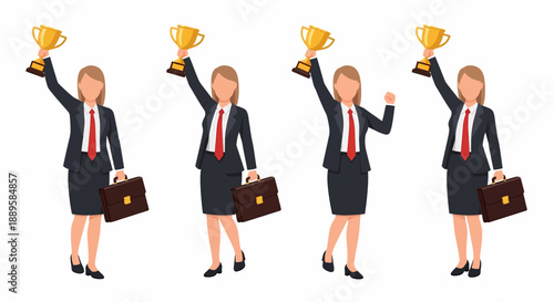 Four successful businesswomen celebrating victory with golden trophies and briefcases.