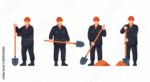 Four construction workers in hard hats and uniforms holding shovels, digging and moving dirt.