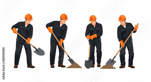 Four illustrations of a construction worker demonstrating the process of shoveling dirt or earth.