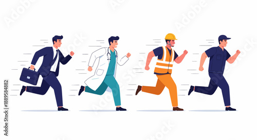 Four diverse professionals, including a businessman, doctor, construction worker, and service worker, running together.