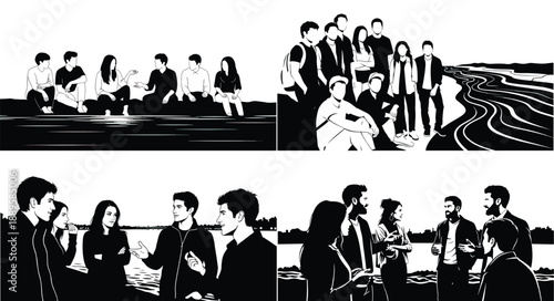 Group of friends socializing by the water, black and white