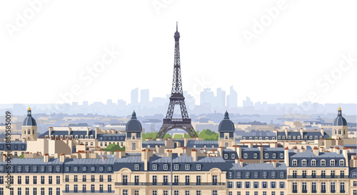 Eiffel Tower and Parisian rooftops in a bright, sunny cityscape panorama, capturing the iconic French capital's architectural charm and skyline beauty
