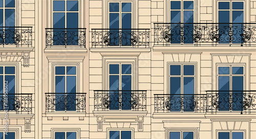 Elegant European Haussmann style apartment building facade with detailed balconies and windows, showcasing classic architectural design in a timeless urban setting