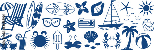 beach summer symbols grid of travel icons palm tree and sea
