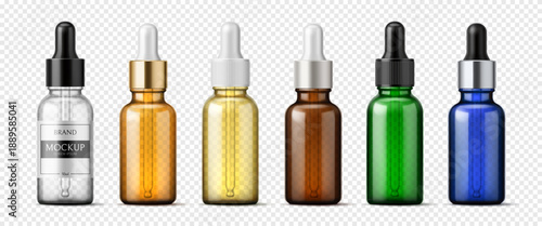 Realistic glass dropper pipette bottle mockup, vector cosmetic, essential oil and medicine package. 3d brown, ember and green, blue and clear glass bottles and flasks with dropper pipette lids