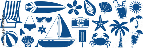 beach elements collection palm sun surfboard seashell vector icons