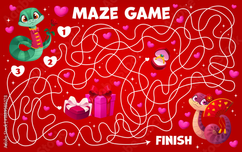 Valentine day labyrinth maze game with funny snakes, surrounded by hearts, gifts,love and romantic symbols on red background. Vector worksheet riddle, playful interactive activity, puzzle for children