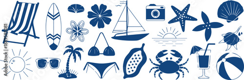 beach icons set summer travel symbols blue vector pattern
