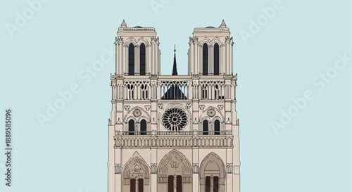 Elegant illustration of a magnificent European Gothic cathedral, showcasing its historic facade and iconic twin towers, a timeless architectural landmark in the heart of France