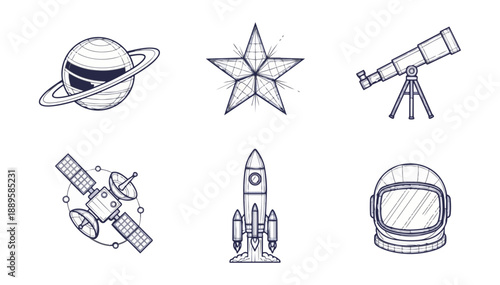 Cosmic illustrations planets stars telescopes spacecraft and rockets