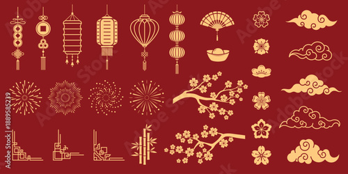 Asian Chinese lunar year design elements, oriental lanterns and knots, traditional fan and clouds, flower blossom and bamboo, fireworks and sakura or cherry tree branches. Vector gold ornaments set
