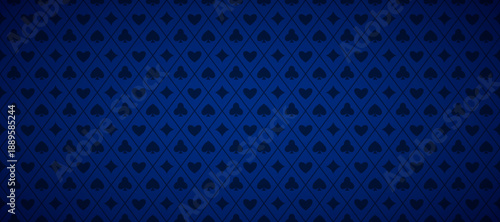 Blue playing cards pattern background. Retro poker or casino table theme wallpaper. Navy colored vintage spades, hearts, diamonds, clubs symbols backdrop. Vegas gambling concept texture. Vector