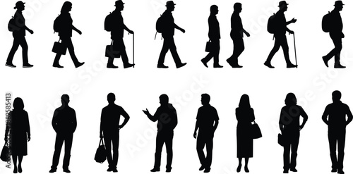 People silhouettes walking and standing set, men women with bags backpacks canes, daily urban activities, lifestyle moments, black isolated figures