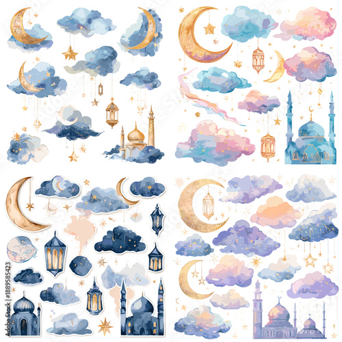 Watercolor illustration set of dreamy clouds moons stars and lanterns. Soft night sky collection perfect for fantasy decor storytelling and spiritual design.
