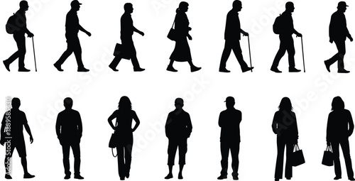 People silhouettes walking standing collection, men women with bags canes backpacks, daily activities, urban lifestyle scenes, black isolated human figures