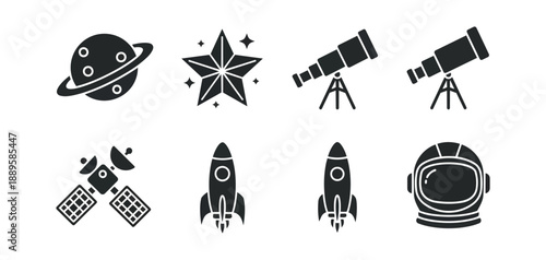 Space exploration icons silhouette set science astronomy concepts