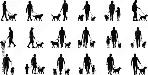 People walking dogs silhouettes collection, men women children with pets, outdoor leisure activities, daily life scenes, black isolated figures set