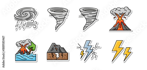 Weather icons set cyclone tornado volcano earthquake and lightning symbols