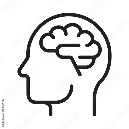 a black line drawing of a human head with a brain