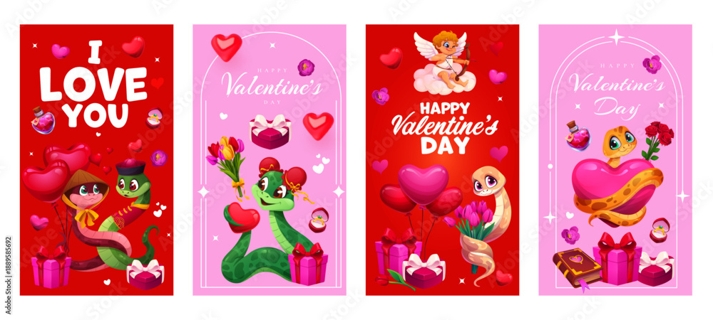 Fototapeta premium Valentine day posters with snakes couple and hearts for love holiday, cartoon vector. Happy Valentine day greeting cards with cupid angel or cherubs on clouds, heart balloons and wedding ring for gift